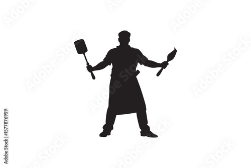 Silhouette of a Chef Holding a Spatula and a Turner Cooking Utensils