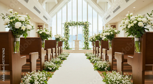 Interior of a wedding chapel with white aisle runner and floral decorations on pews and floral archway
