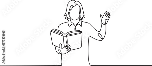 Minimalist one line drawing of person with open book gesturing in collared shirt, clean black line illustration

