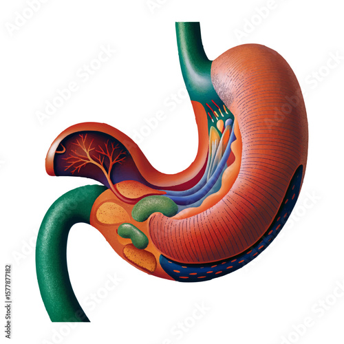 Detailed anatomical drawing exhibits the human stomach's complex structure and digestive system in vibrant colors.
