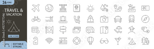 Travel and Vacation icons set. Includes icons for airplane, passport, suitcase, map, location pin, beach, hotel, sun, camera, and travel bag. Editable stroke. Line icons. Perfect for infographics.
