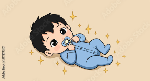  Adorable Baby Boy with Pacifier and Sparkles Illustration