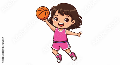 Young Girl Child Playing Basketball Jumping with Ball Sports Activity Illustration