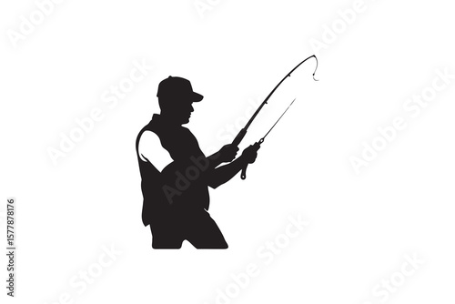 Silhouette of a Fisherman Casting a Fishing Rod Outdoors
