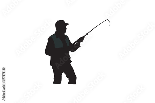 Silhouette of a Fisherman Casting a Fishing Rod Outdoors