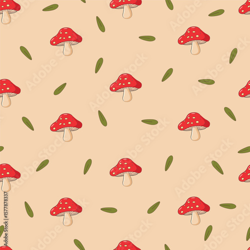 seamless pattern with autumn fly agaric mushrooms on a light background