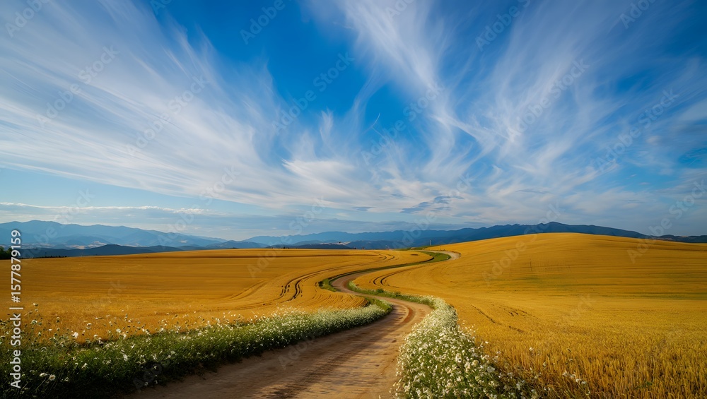 Naklejka premium Explore scenic rural landscape: winding road through golden wheat fields under blue sky
