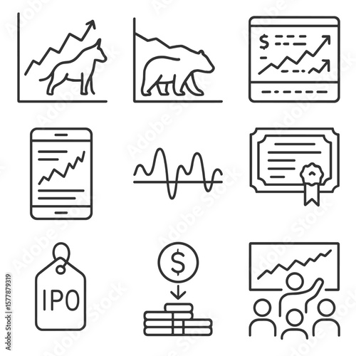 Stock Market Icons. Line style icons of stock market economy: bullish graph, bearish chart, stock ticker, trading app interface,