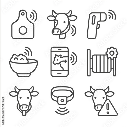 Livestock Monitoring Icons. Line style icons of livestock monitoring: ear tag sensor, cow tracker, body temperature reader, RFID