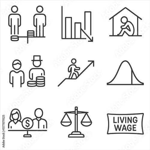 Icons of Economic Inequality. Line style icons of economic inequality: wealth gap icon, unequal bar chart, poverty zone, rich vs
