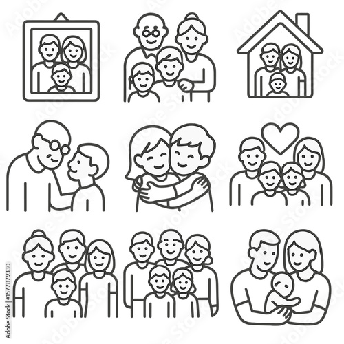 Family Line Icons. Line style icons of family and kinship: family portrait, intergenerational group, family home, grandparent and