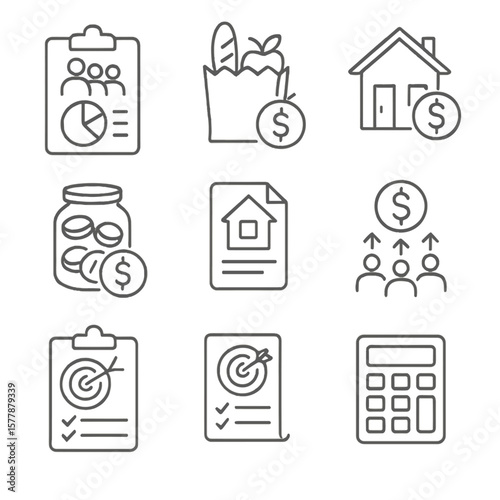 Household Economy Icons. Line style icons of household economy: family budget chart, grocery spending, rent payment, utility bill