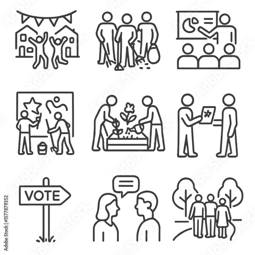 Neighborhood Engagement Icons. Line style icons of neighborhood engagement: block party icon, cleanup team, local board meeting,