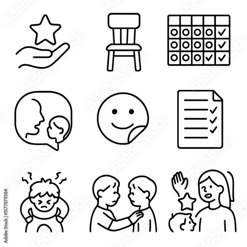 Child Discipline Icons. Line style icons of child behavior and discipline: positive reinforcement star, time-out chair, behavior