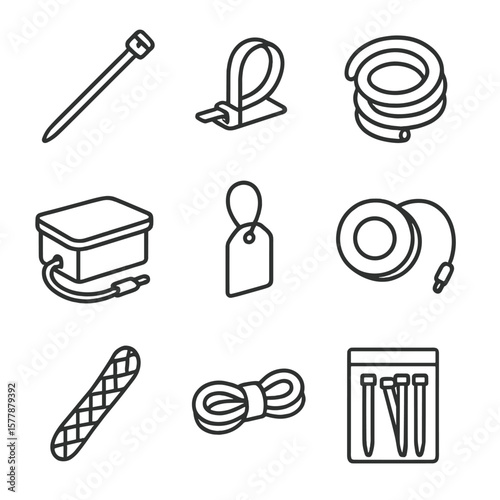 Cable Accessories Icons. Line style icons of cable and wire accessories: cable tie, wire clip, spiral organizer, cable box, label