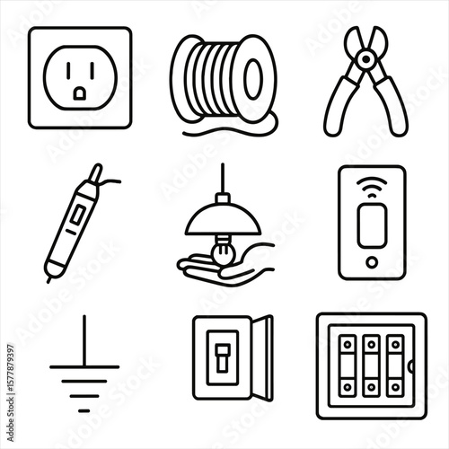 Line Style Electrical Icons. Line style icons of electrical DIY: wall outlet, electrical wire spool, wire cutter, voltage tester,