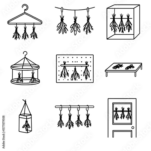 DIY Herb Drying Icons. Line style icons of DIY herb drying ideas: coat hanger drying rack, clothespin herb string, cardboard