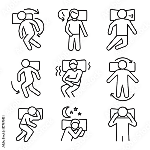 Sleep Position Icons. Line style icons of sleep position transitions: turning in bed, flip from side to back, arm shift motion,
