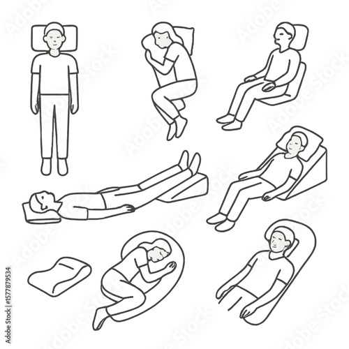 Sleep Positions Icons. Line style icons of sleep positions with pillows: one pillow under head, pillow between knees, body pillow