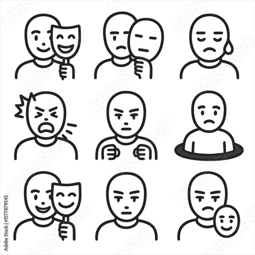 Hidden Emotion Icons. Line style icons of hidden emotions: fake smile mask, hiding behind neutral face, concealed tears, inner