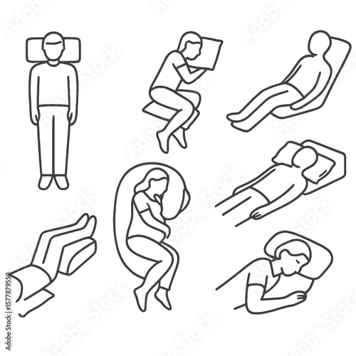 Sleep Positions Icons. Line style icons of sleep positions with pillows: one pillow under head, pillow between knees, body pillow