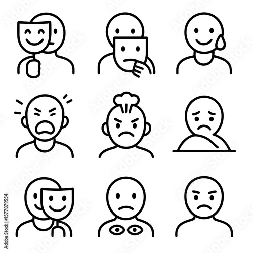 Hidden Emotion Icons. Line style icons of hidden emotions: fake smile mask, hiding behind neutral face, concealed tears, inner