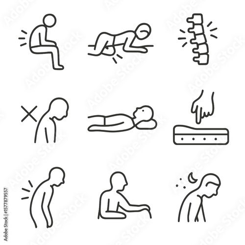 Sleep Posture Icons. Line style icons of sleep postures and back pain: slouched back icon, twisted lumbar icon, knee misalignment