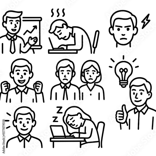 Workplace Emotion Icons. Line style icons of workplace emotions: confident presentation face, burnout expression, focused eyes,