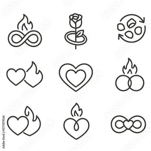 Eternal Love Icons. Line style icons of eternal love motifs: infinite flame heart, rose with timeless ring, heart in continuity