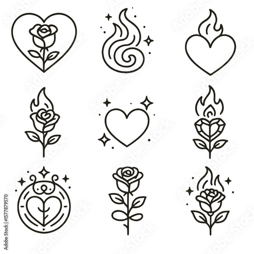 Fantasy Element Icons. Line style icons of fantasy elements: enchanted rose heart, magical flame swirl, elemental fire-heart