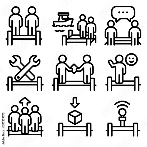Multiplayer Dock Icons. Line style icons of multiplayer dock scenes: two players standing on dock, boat arriving with friends,