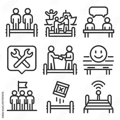 Multiplayer Dock Icons. Line style icons of multiplayer dock scenes: two players standing on dock, boat arriving with friends,