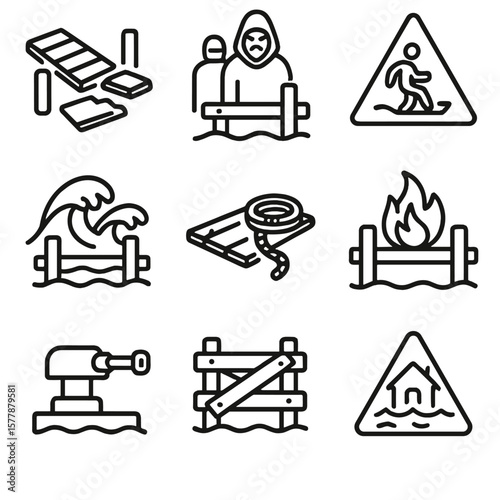 Dock Hazard Icons. Line style icons of dock hazards and defense: collapsing plank, enemy near dock, slippery warning sign, stormy