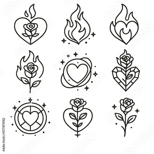 Fantasy Element Icons. Line style icons of fantasy elements: enchanted rose heart, magical flame swirl, elemental fire-heart