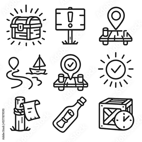 Dock Quest Icons. Line style icons of dock quest elements: glowing quest crate, exclamation mark on post, map pin on dock, trail