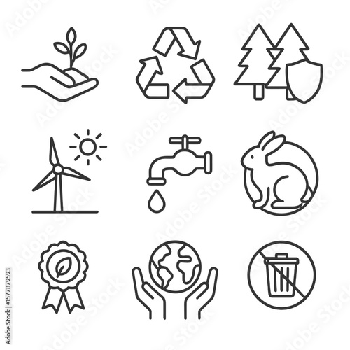 Environmental Conservation Icons. Line style icons of environmental conservation: tree planting, recycling symbol, protected