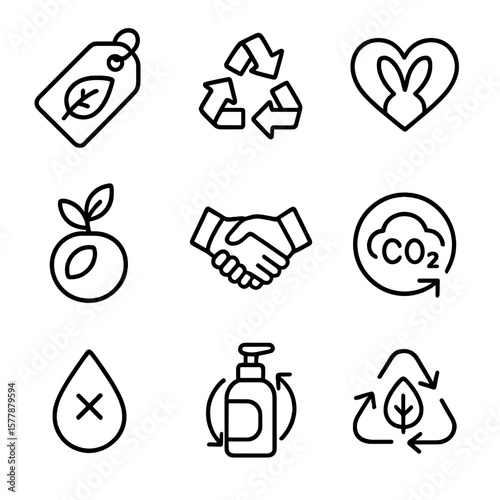 Eco-Friendly Icon Set. Line style icons of eco product labeling: eco-certified tag, recyclable packaging, cruelty-free badge,