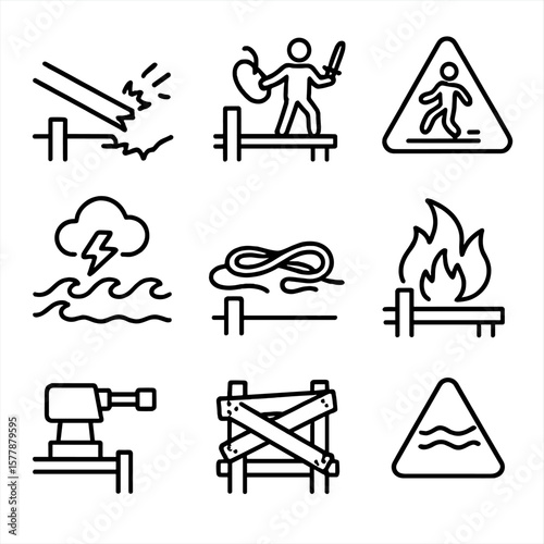 Dock Hazard Icons. Line style icons of dock hazards and defense: collapsing plank, enemy near dock, slippery warning sign, stormy