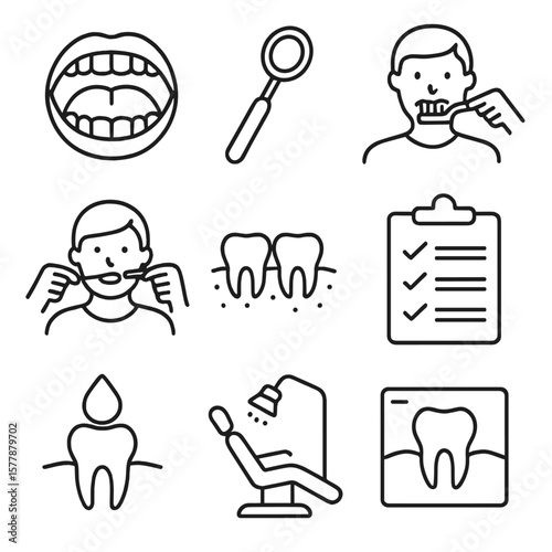 Dental Wellness Icons. Line style icons of dental wellness check: open mouth exam, dentist mirror tool, brushing teeth icon,