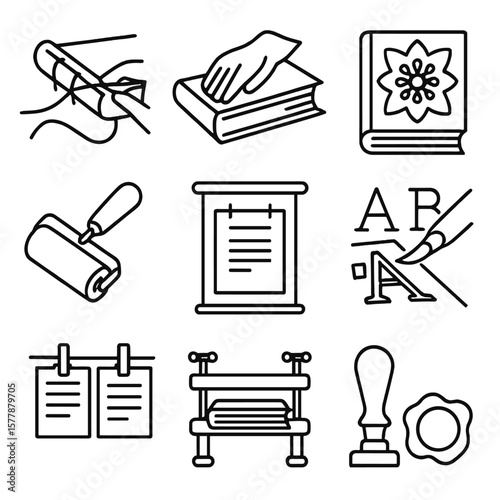 Traditional Bookbinding Icons. Line style icons of traditional bookbinding and printmaking: stitching book spine, applying leather