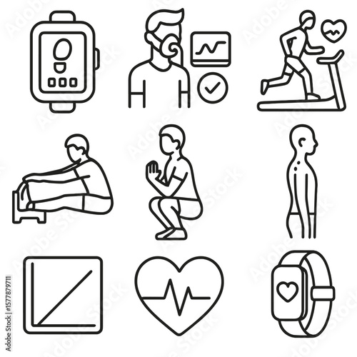 Fitness Test Icons. Line style icons of fitness and activity screening: step counter, VO2 max test, treadmill heart test, squat