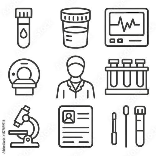Wellness Lab Icons. Line style icons of wellness labs and diagnostics: blood test vial, urine sample cup, lab technician icon, ECG