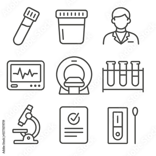 Wellness Lab Icons. Line style icons of wellness labs and diagnostics: blood test vial, urine sample cup, lab technician icon, ECG