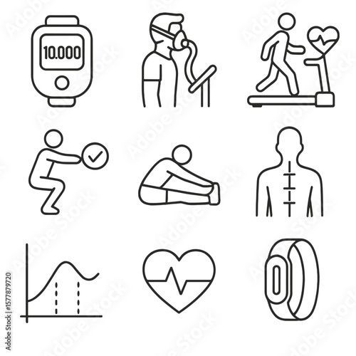 Fitness Test Icons. Line style icons of fitness and activity screening: step counter, VO2 max test, treadmill heart test, squat