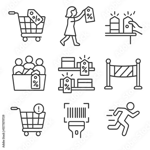 Line Style Sale Icons. Line style icons of sale shopping experiences: cart with markdown tag, shopper grabbing tag item, hand