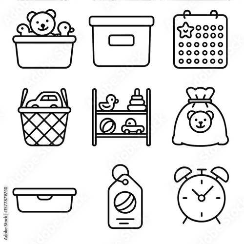Toy Storage Icons. Line style icons of storage and cleanup toys: toy bin, labeled storage box, cleanup reward chart, foldable toy