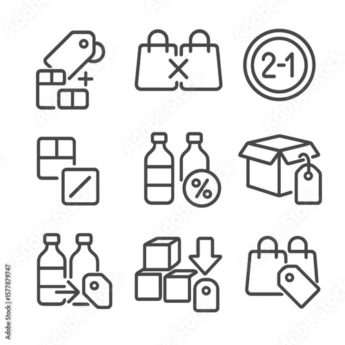 Line Style Icons. Line style icons of product bundles markdown: combo tag icon, BOGO markdown, two-for-one sticker, value pack