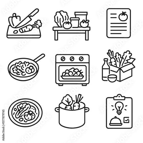 Culinary Line Icons. Line style icons of preparation and cooking: chopping vegetables, meal prep table, recipe card icon,