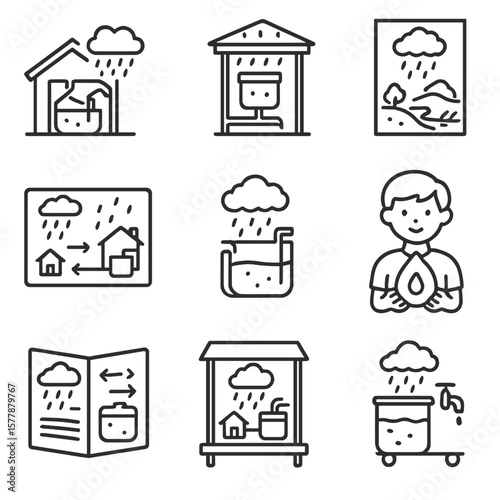 Educational Rain Icons. Line style icons of educational rain models: school rain model cutaway, interactive roof tank diagram,