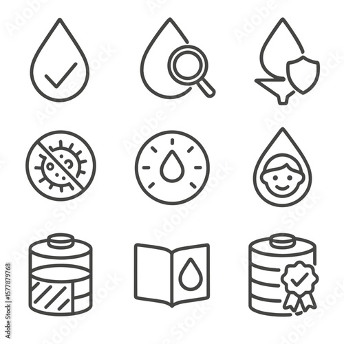 Rainwater Safety Icons. Line style icons of symbols for rainwater safety and health: clean water checkmark, safety test drop,